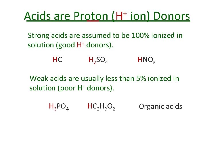 + Acids are Proton (H ion) Donors Strong acids are assumed to be 100%