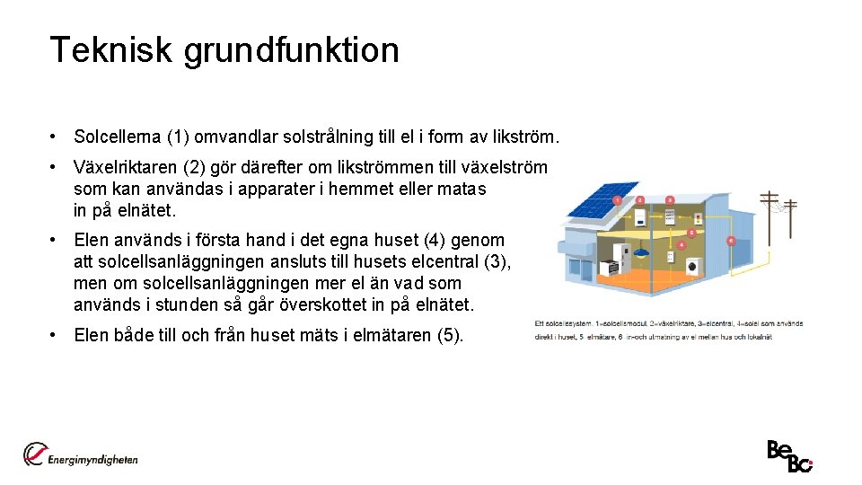 Teknisk grundfunktion • Solcellerna (1) omvandlar solstrålning till el i form av likström. •