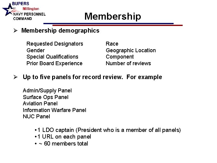Membership Ø Membership demographics Requested Designators Gender Special Qualifications Prior Board Experience Race Geographic