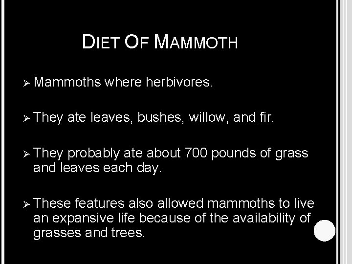 DIET OF MAMMOTH Ø Mammoths where herbivores. Ø They ate leaves, bushes, willow, and