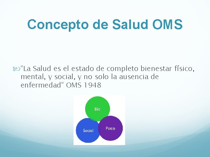 Concepto de Salud OMS “La Salud es el estado de completo bienestar físico, mental,