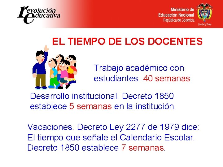 EL TIEMPO DE LOS DOCENTES Trabajo académico con estudiantes. 40 semanas Desarrollo institucional. Decreto