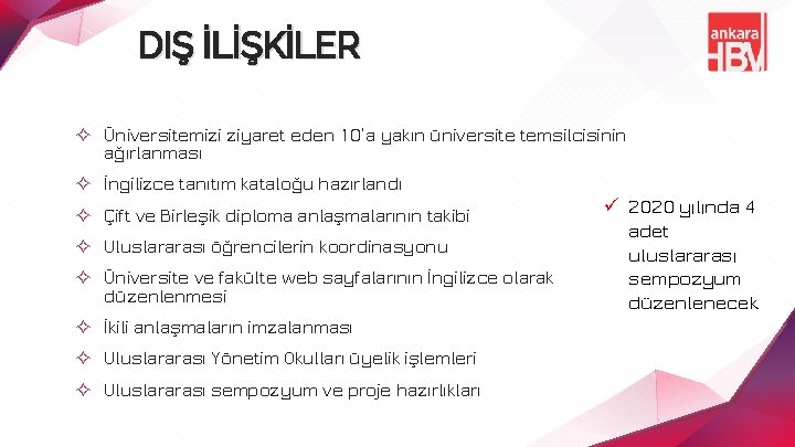 DIŞ İLİŞKİLER ✧ Üniversitemizi ziyaret eden 10’a yakın üniversite temsilcisinin ağırlanması ✧ İngilizce tanıtım