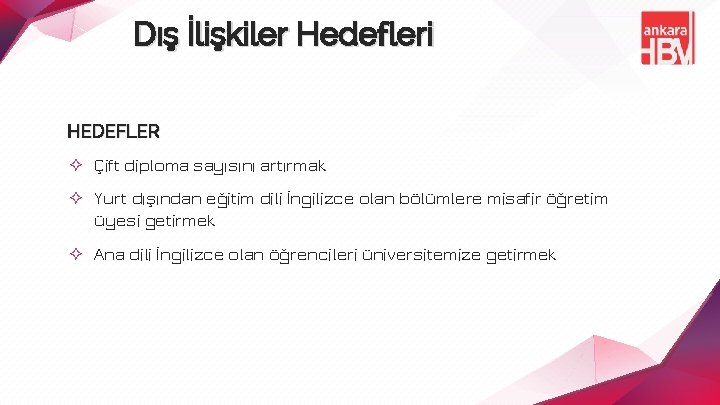 Dış İlişkiler Hedefleri HEDEFLER ✧ Çift diploma sayısını artırmak ✧ Yurt dışından eğitim dili