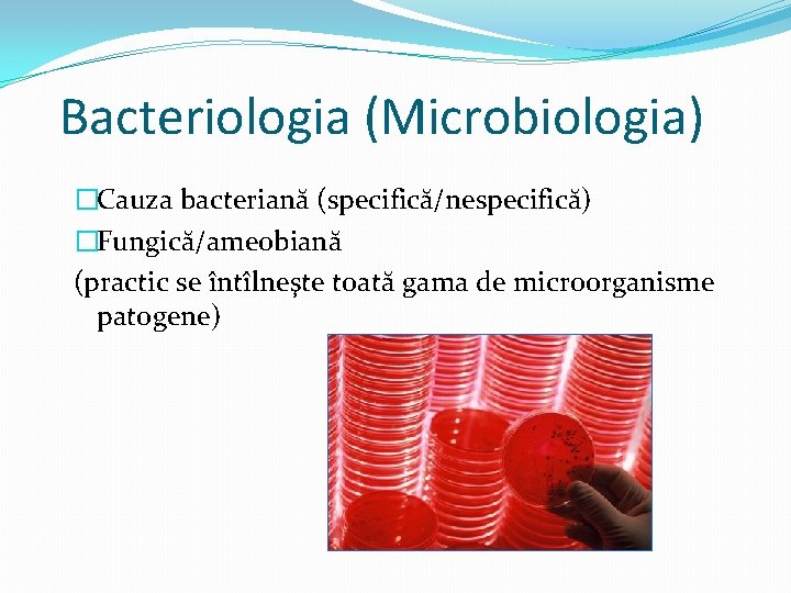 Bacteriologia (Microbiologia) �Cauza bacteriană (specifică/nespecifică) �Fungică/ameobiană (practic se întîlneşte toată gama de microorganisme patogene)