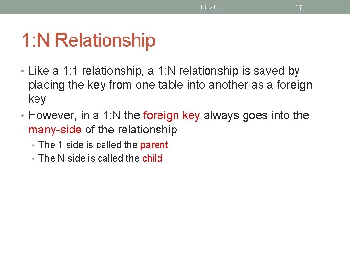 IST 210 17 1: N Relationship • Like a 1: 1 relationship, a 1: