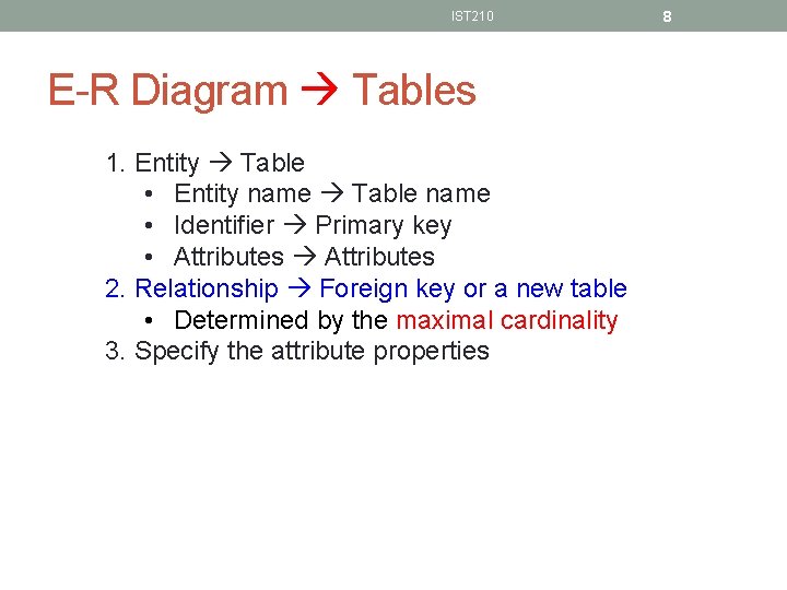 IST 210 E-R Diagram Tables 1. Entity Table • Entity name Table name •