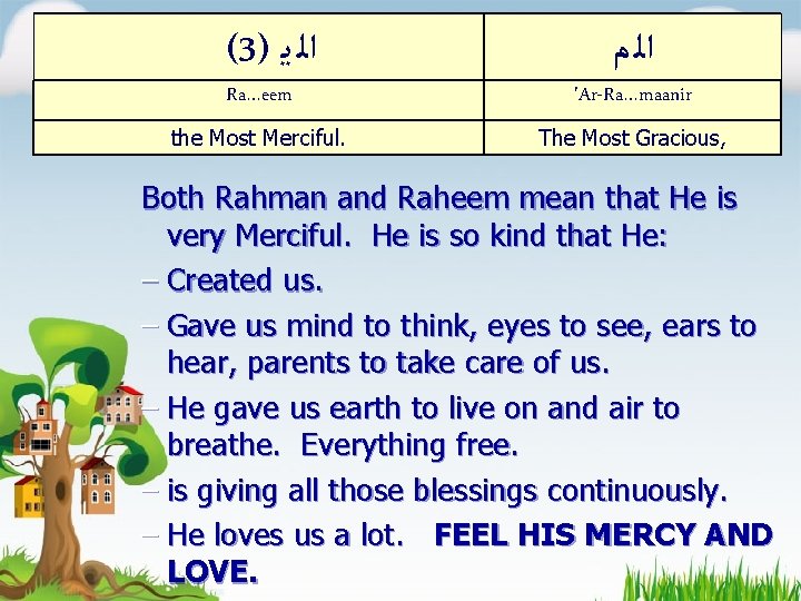 (3) ﺍﻟ ﻳ ﺍﻟ ﻡ Ra…eem 'Ar-Ra…maanir Ar-Rahmaan & Ar-Raheem the Most Merciful. The