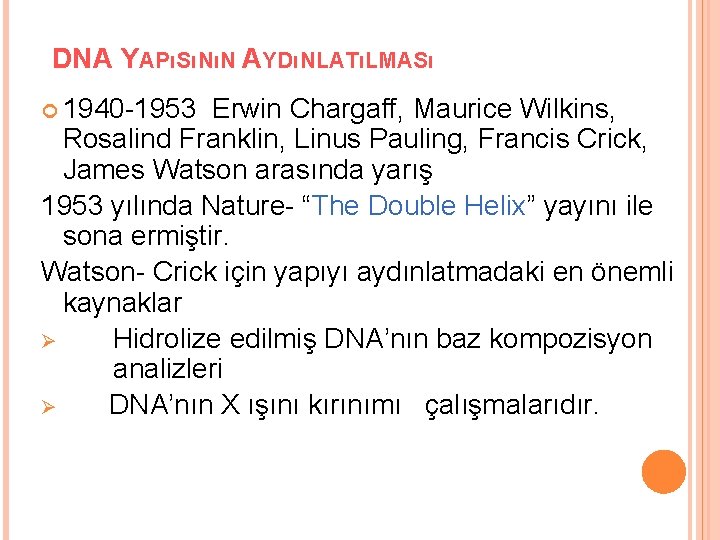 DNA YAPıSıNıN AYDıNLATıLMASı 1940 -1953 Erwin Chargaff, Maurice Wilkins, Rosalind Franklin, Linus Pauling, Francis