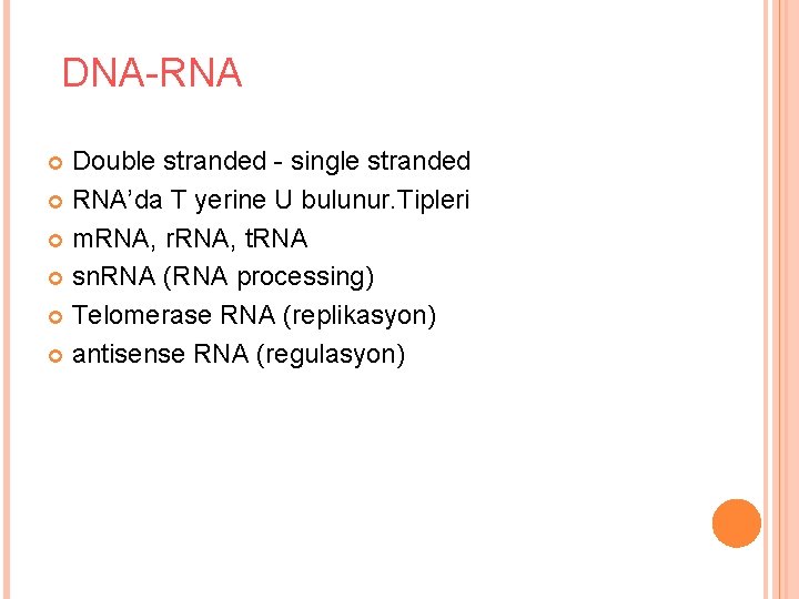 DNA-RNA Double stranded - single stranded RNA’da T yerine U bulunur. Tipleri m. RNA,