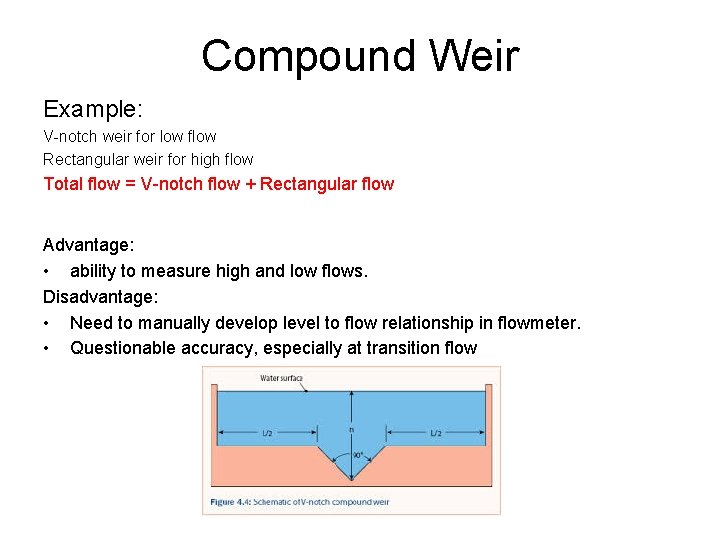 Compound Weir Example: V-notch weir for low flow Rectangular weir for high flow Total Compound Weir Example: V-notch weir for low flow Rectangular weir for high flow Total
