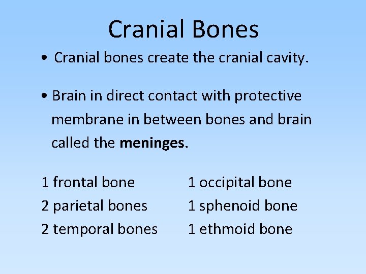 Cranial Bones • Cranial bones create the cranial cavity. • Brain in direct contact