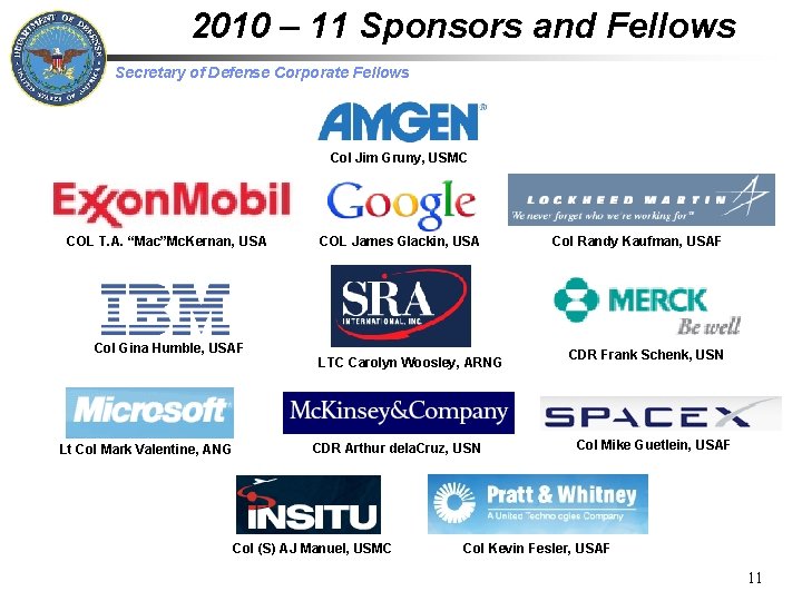 2010 – 11 Sponsors and Fellows Secretary of Defense Corporate Fellows Col Jim Gruny,