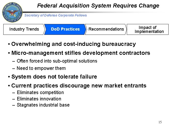 Federal Acquisition System Requires Change Secretary of Defense Corporate Fellows Industry Trends Do. D