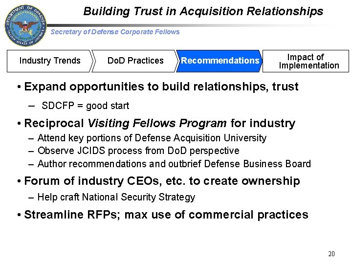 Building Trust in Acquisition Relationships Secretary of Defense Corporate Fellows Industry Trends Do. D