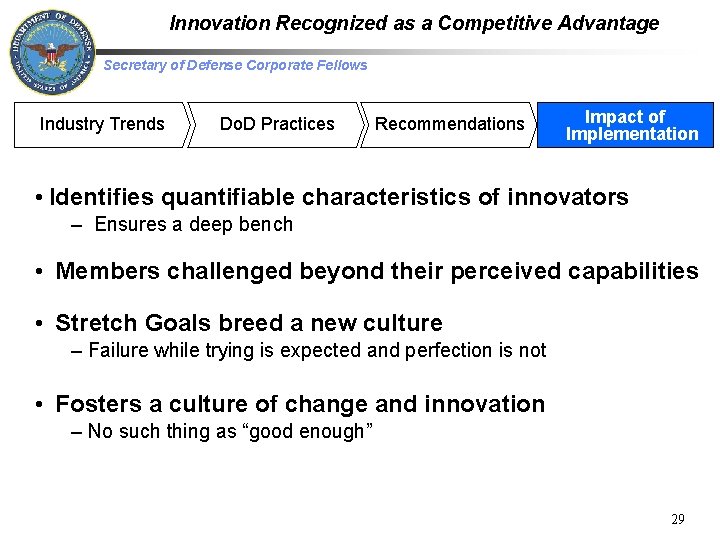 Innovation Recognized as a Competitive Advantage Secretary of Defense Corporate Fellows Industry Trends Do.