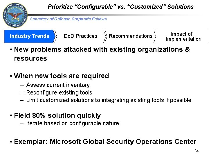 Prioritize “Configurable” vs. “Customized” Solutions Secretary of Defense Corporate Fellows Industry Trends Do. D