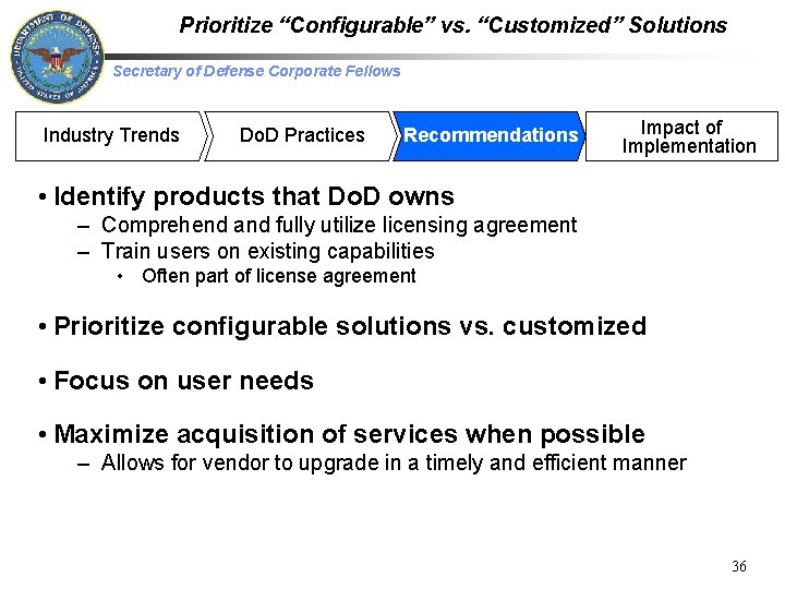 Prioritize “Configurable” vs. “Customized” Solutions Secretary of Defense Corporate Fellows Industry Trends Do. D