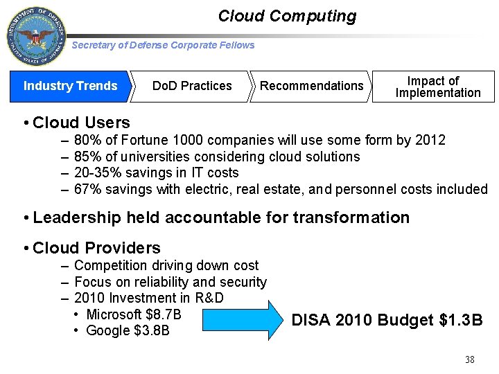 Cloud Computing Secretary of Defense Corporate Fellows Industry Trends Do. D Practices Recommendations Impact