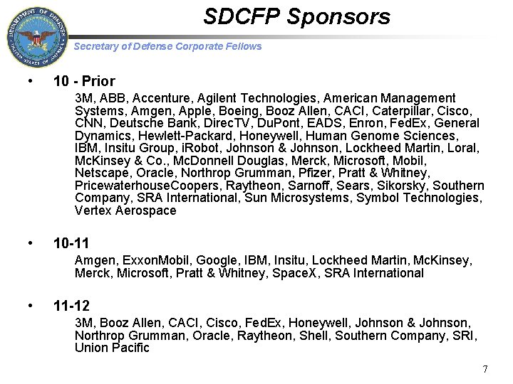 SDCFP Sponsors Secretary of Defense Corporate Fellows • 10 - Prior 3 M, ABB,