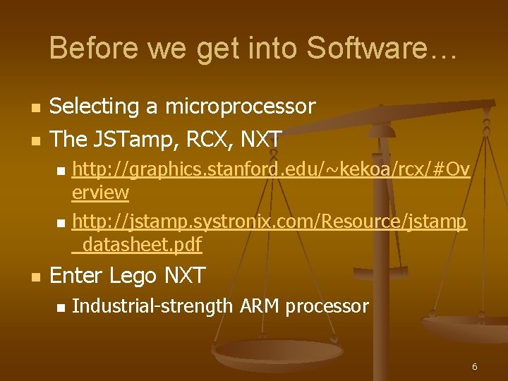 Before we get into Software… n n Selecting a microprocessor The JSTamp, RCX, NXT