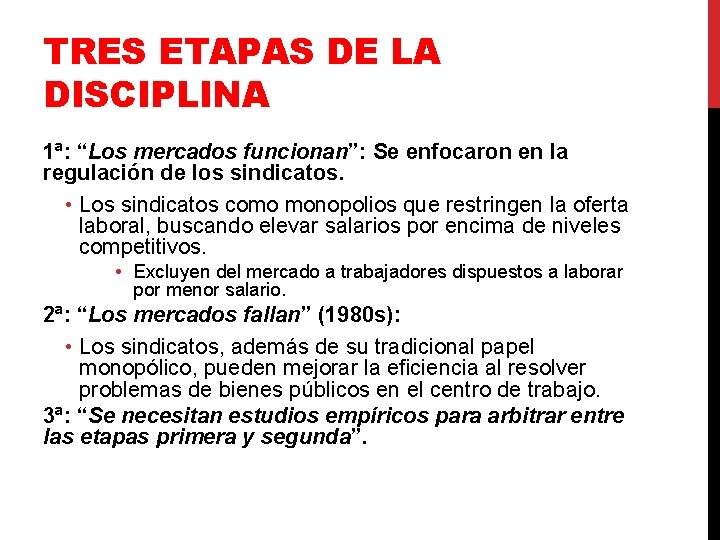 TRES ETAPAS DE LA DISCIPLINA 1ª: “Los mercados funcionan”: Se enfocaron en la regulación