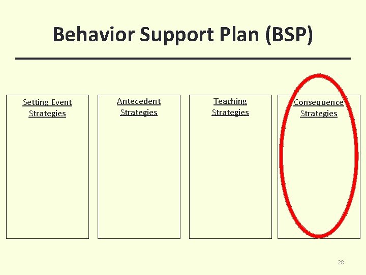 Behavior Support Plan (BSP) Setting Event Strategies Antecedent Strategies Teaching Strategies Consequence Strategies 28