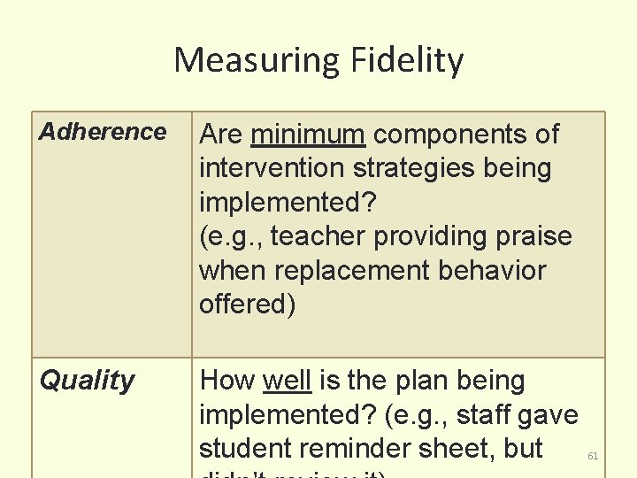 Measuring Fidelity Adherence Are minimum components of intervention strategies being implemented? (e. g. ,