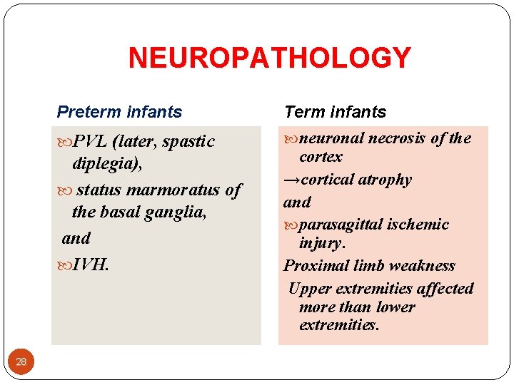 NEUROPATHOLOGY Preterm infants PVL (later, spastic diplegia), status marmoratus of the basal ganglia, and