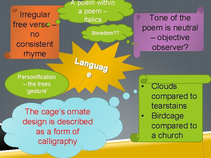 Irregular free verse – no consistent rhyme Personification – the trees ‘gesture’ A poem