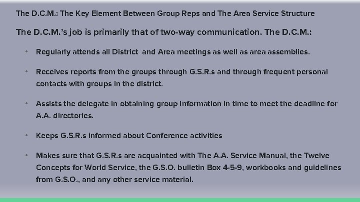 The D. C. M. : The Key Element Between Group Reps and The Area