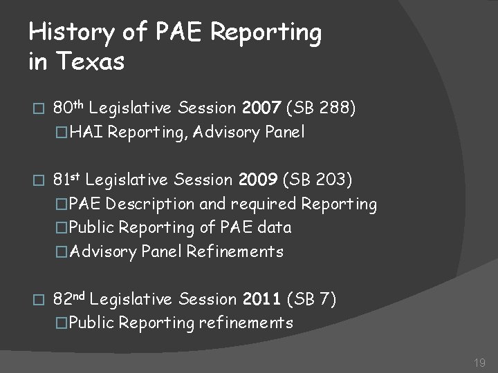 History of PAE Reporting in Texas � 80 th Legislative Session 2007 (SB 288)