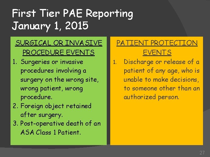 First Tier PAE Reporting January 1, 2015 SURGICAL OR INVASIVE PROCEDURE EVENTS 1. Surgeries