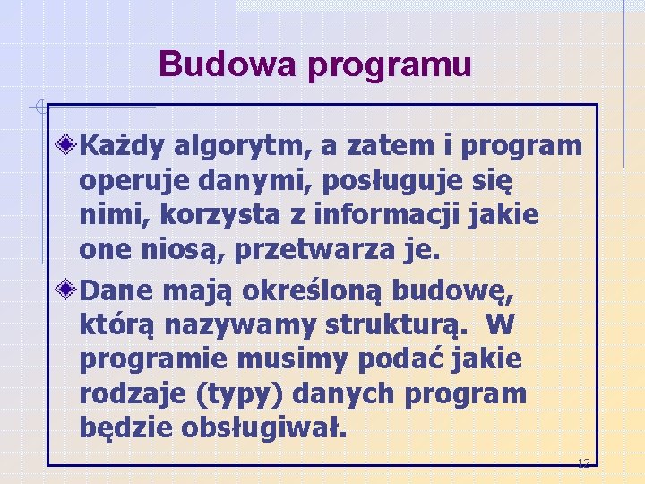 Budowa programu Każdy algorytm, a zatem i program operuje danymi, posługuje się nimi, korzysta