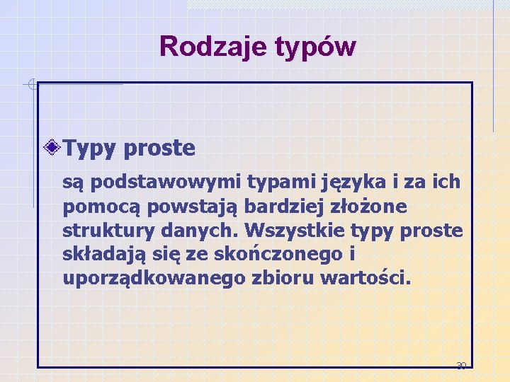 Rodzaje typów Typy proste są podstawowymi typami języka i za ich pomocą powstają bardziej