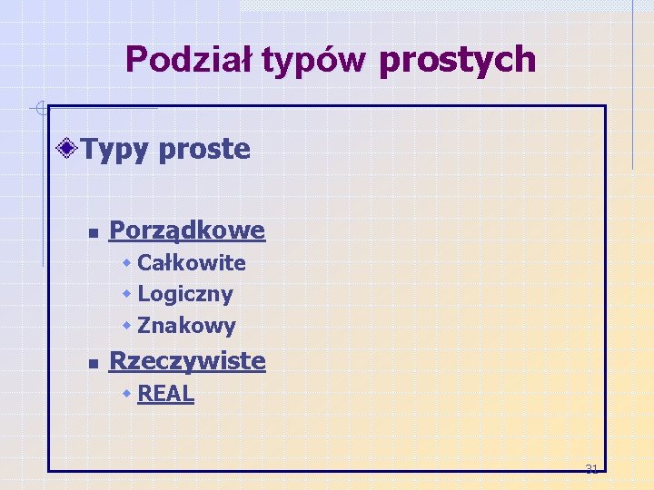 Podział typów prostych Typy proste n Porządkowe w Całkowite w Logiczny w Znakowy n