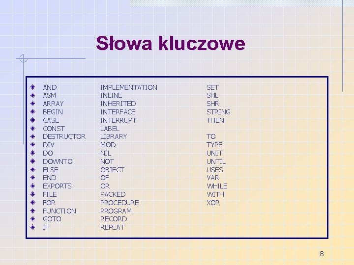 Słowa kluczowe AND ASM ARRAY BEGIN CASE CONST DESTRUCTOR DIV DO DOWNTO ELSE END