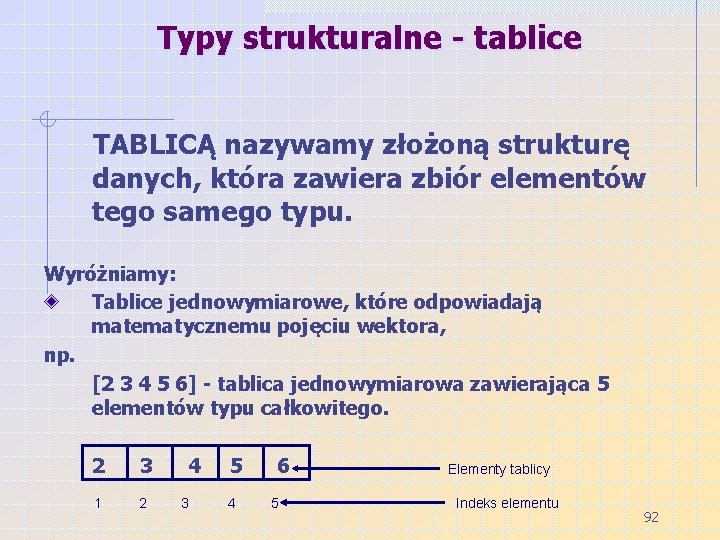 Typy strukturalne - tablice TABLICĄ nazywamy złożoną strukturę danych, która zawiera zbiór elementów tego