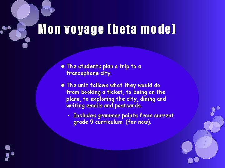 Mon voyage (beta mode) The students plan a trip to a francophone city. The