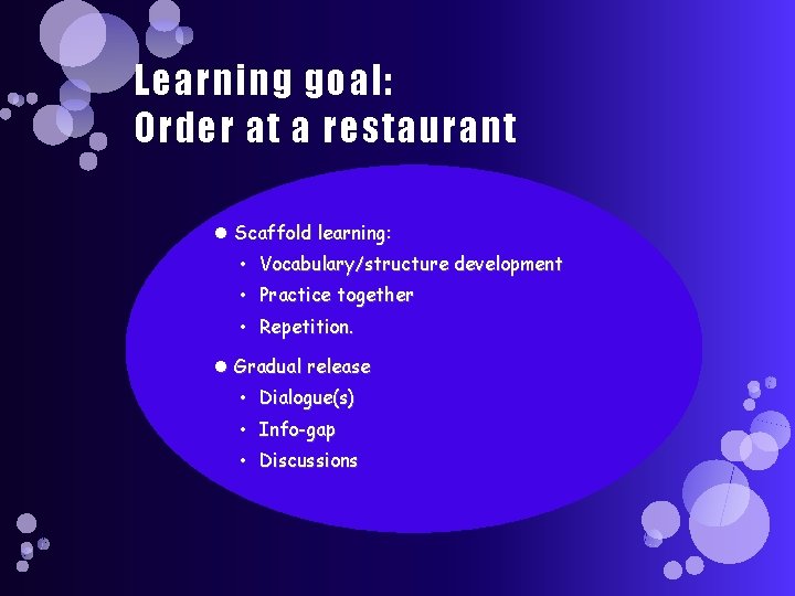 Learning goal: Order at a restaurant Scaffold learning: • Vocabulary/structure development • Practice together