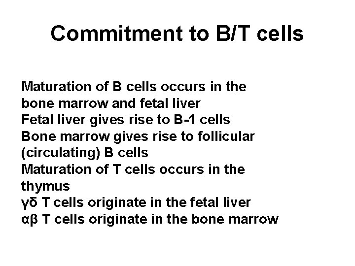 Commitment to B/T cells Maturation of B cells occurs in the bone marrow and