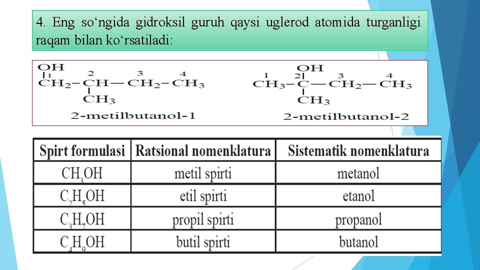 4. Eng so‘ngida gidroksil guruh qaysi uglerod atomida turganligi raqam bilan ko‘rsatiladi: 4. Eng so‘ngida gidroksil guruh qaysi uglerod atomida turganligi raqam bilan ko‘rsatiladi: