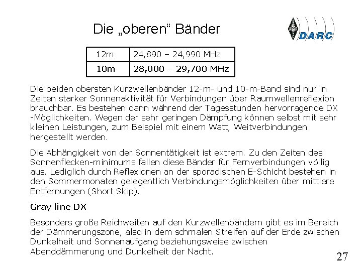 Die „oberen“ Bänder 12 m 24, 890 – 24, 990 MHz 10 m 28,