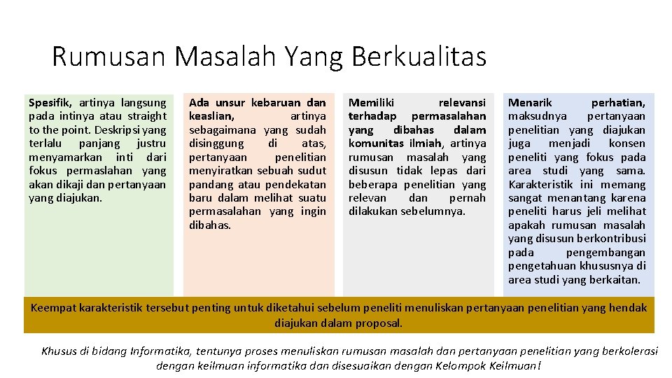 Rumusan Masalah Yang Berkualitas Spesifik, artinya langsung pada intinya atau straight to the point.