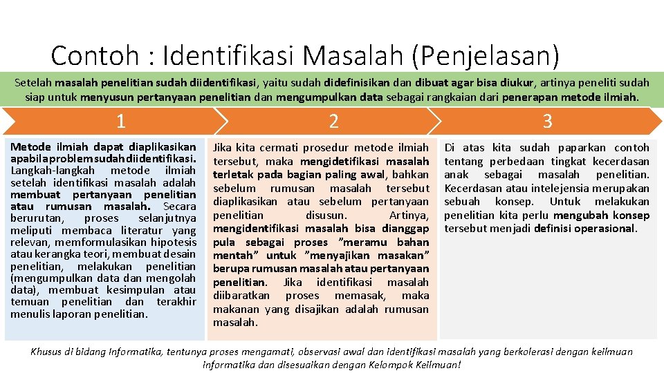 Contoh : Identifikasi Masalah (Penjelasan) Setelah masalah penelitian sudah diidentifikasi, yaitu sudah didefinisikan dibuat