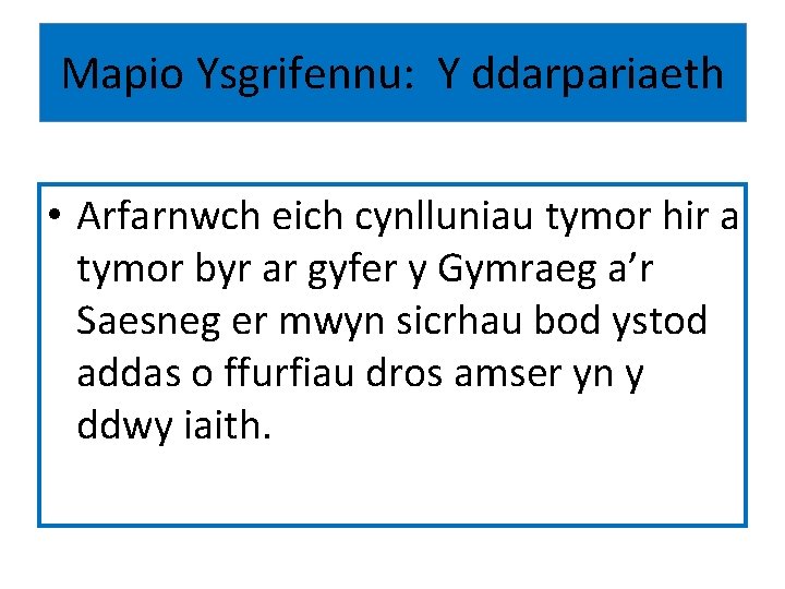 Mapio Ysgrifennu: Y ddarpariaeth • Arfarnwch eich cynlluniau tymor hir a tymor byr ar