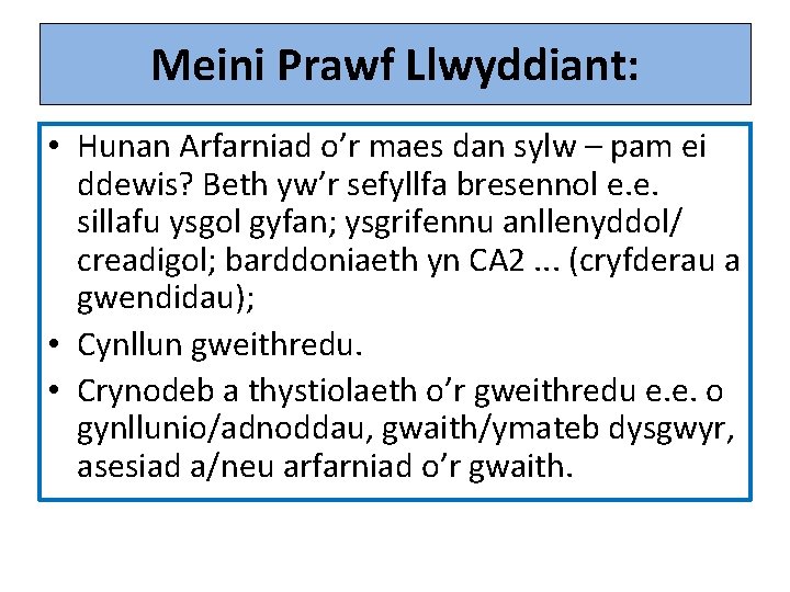 Meini Prawf Llwyddiant: • Hunan Arfarniad o’r maes dan sylw – pam ei ddewis?