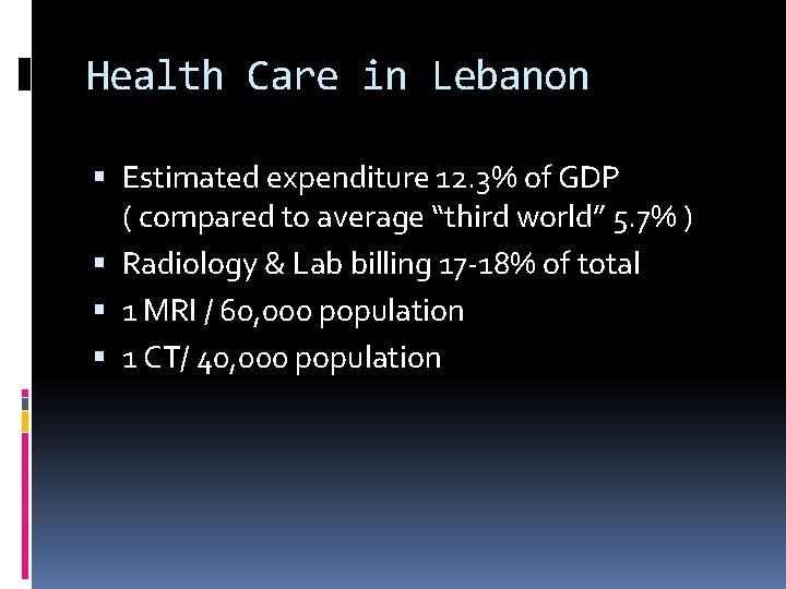 Health Care in Lebanon Estimated expenditure 12. 3% of GDP ( compared to average