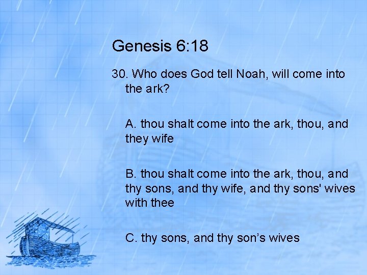 Genesis 6: 18 30. Who does God tell Noah, will come into the ark?