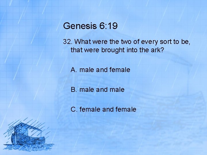 Genesis 6: 19 32. What were the two of every sort to be, that